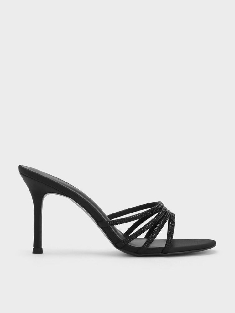 Black Satin Crystal-Embellished Heeled Mules by Charles and Keith