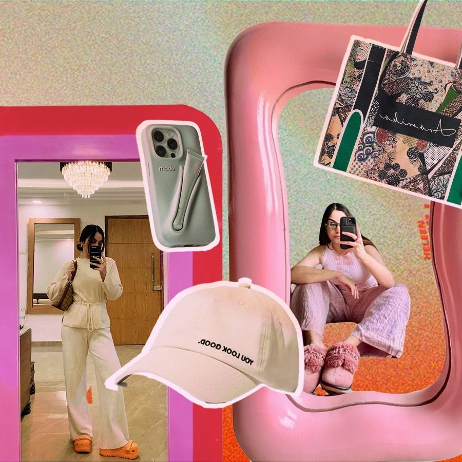 A collage of mirror selfies and products