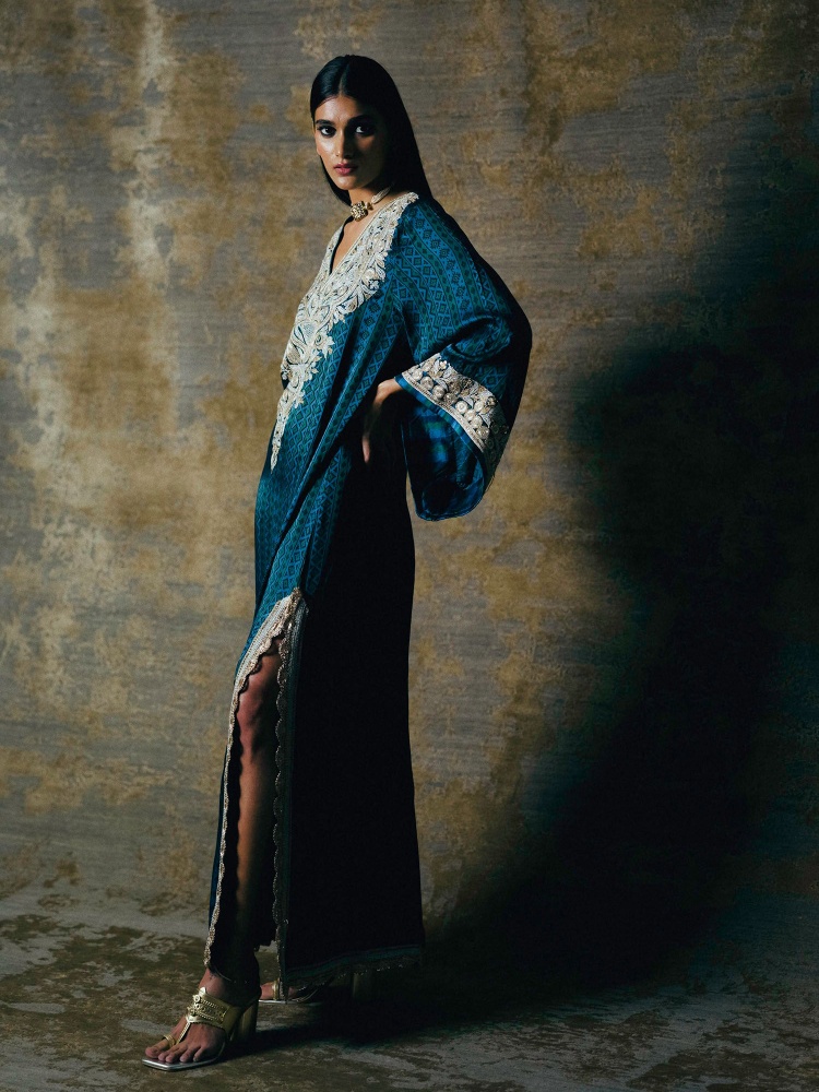 Model Manya Mitra in a blue kaftan dress by Sangita Kilachand