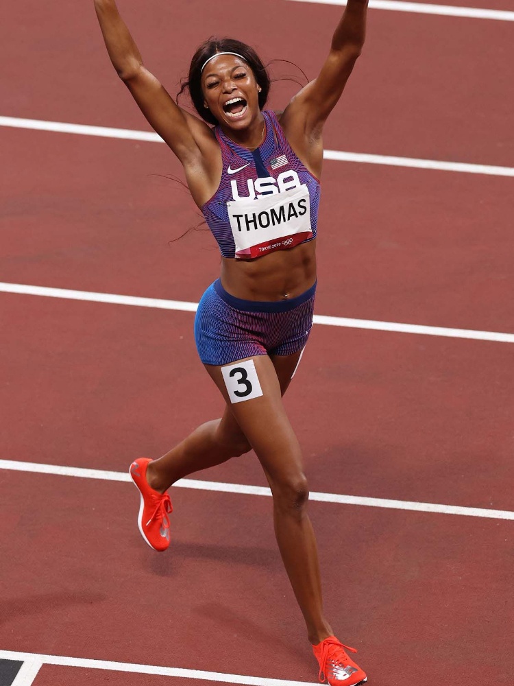 Gabby Thomas after the 200m sprint in her New Balance shoes