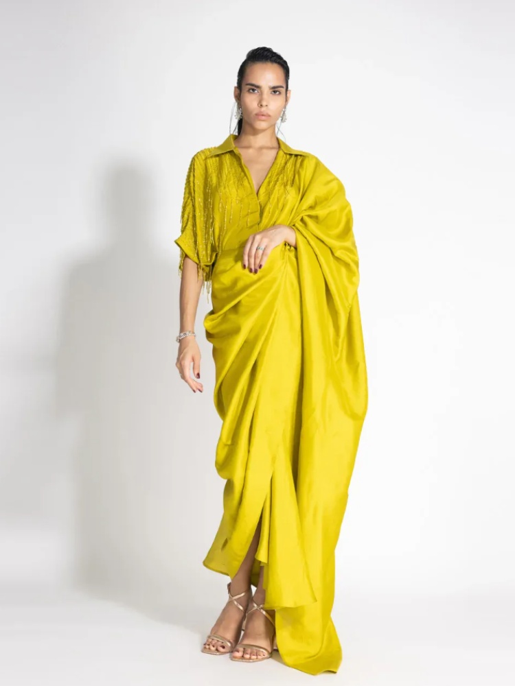 A yellow pre-draped sari by 431-88