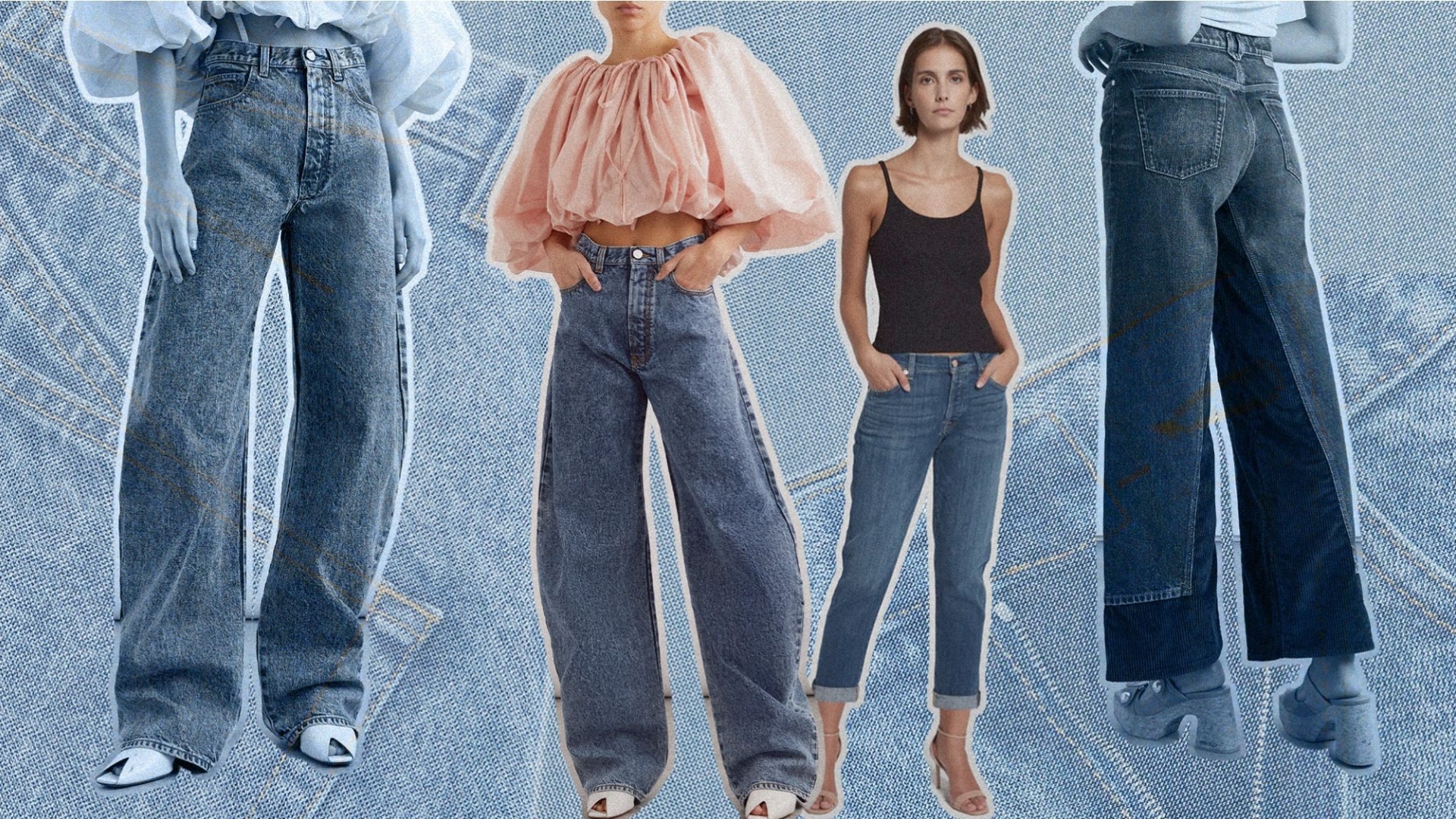 A collage of models in blue jeans