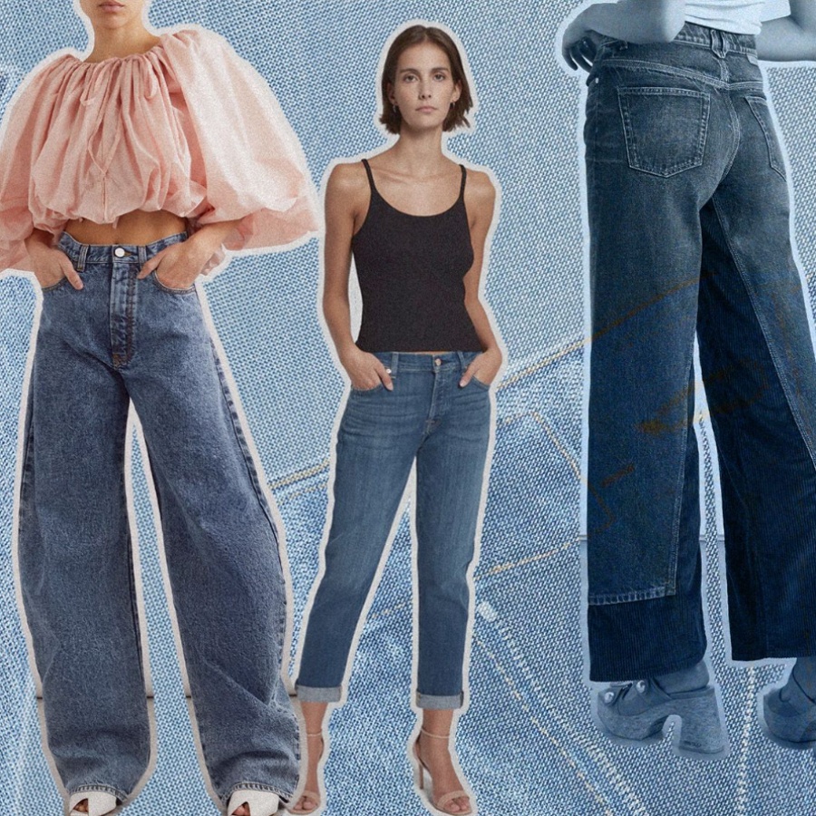 A collage of models in blue jeans